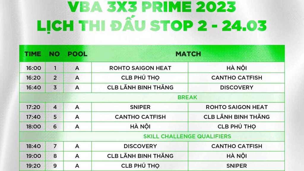 Lịch thi đấu giải VBA 3x3 Prime 2023 chặng 2 tại Nha Trang ngày 24/3