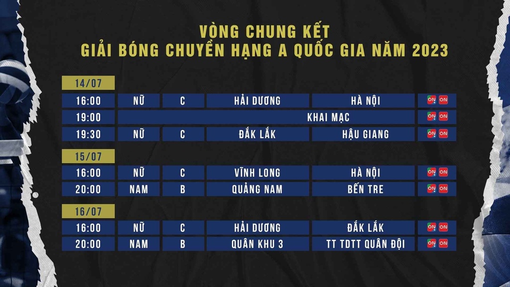 Lịch thi đấu VCK giải bóng chuyền hạng A Quốc gia năm 2023