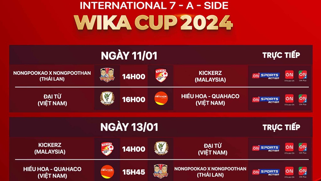 Lịch thi đấu chính thức Giải bóng đá 7 người Quốc tế Cúp Wika 2024