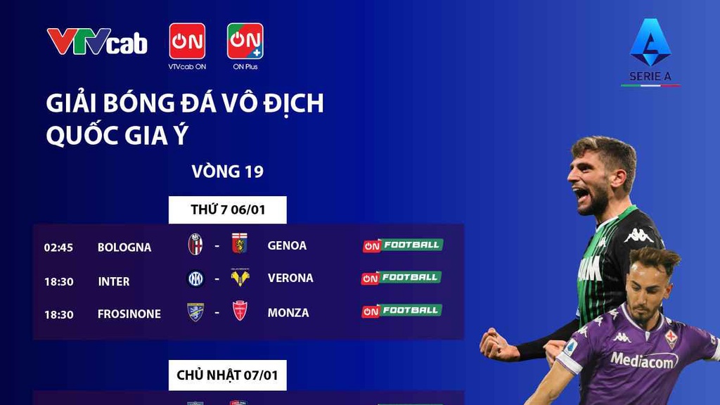 Lịch tường thuật trực tiếp vòng 19 Serie A trên VTVcab