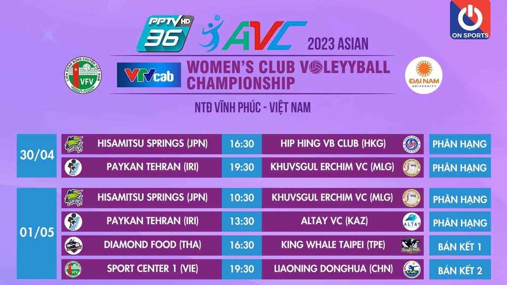 Lịch thi đấu bán kết giải bóng chuyền vô địch các CLB nữ châu Á Cúp VTVcab 2023